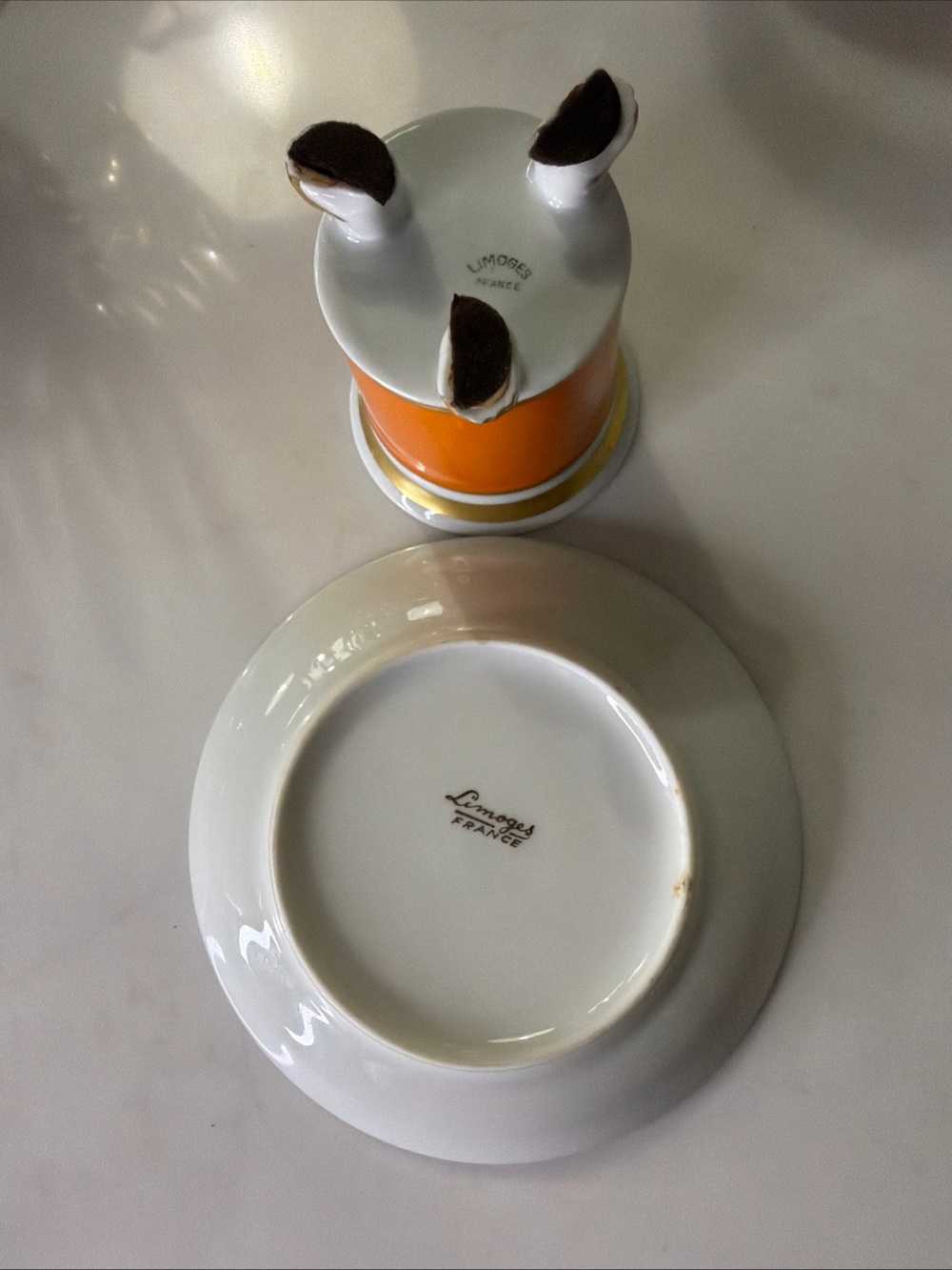 Limoges France 3 legged cup with saucer, orange and gold - Picture 3 of 7